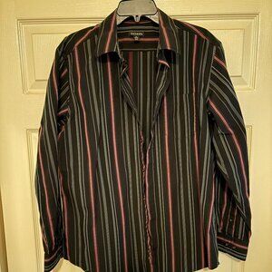 George Men's Dress Shirt L 42-44  Black with Red & Gray Stripes
